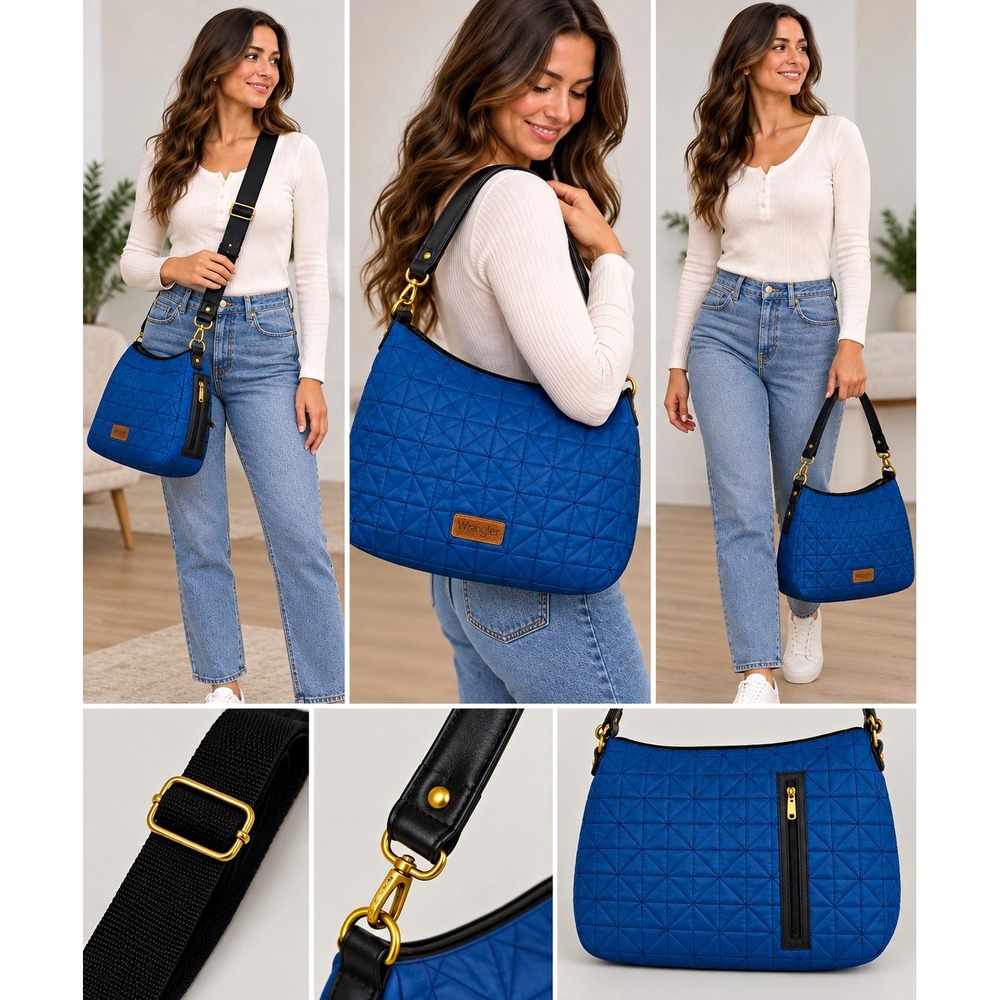 Wrangler Blue Quilted Shoulder/Crossbody Bag Zip Closure Detachable Strap